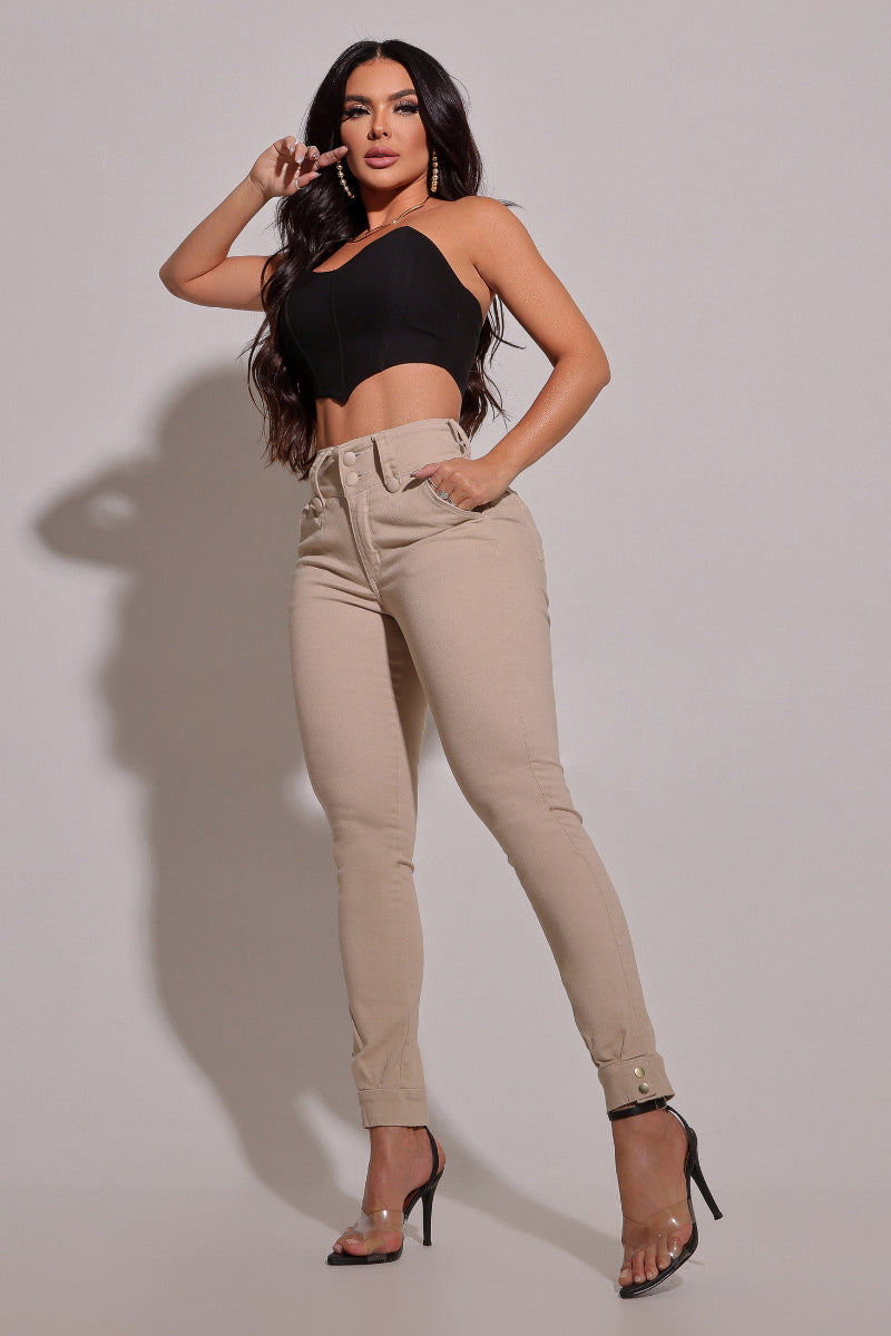 Beige Shaping Jeans with Hem Detail